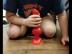 I play with my huge dilto and i cum in my chastity cage